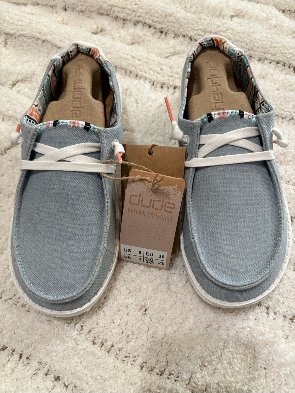 Hey Dude Light Blue Chambray Slip-On Loafers with Patterned Lining